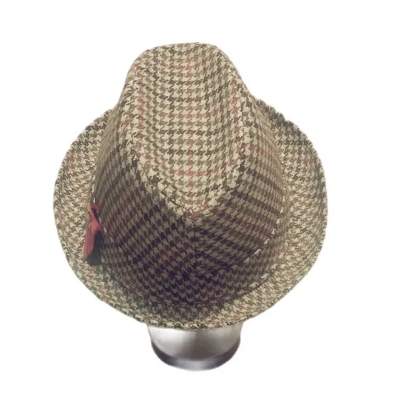 Vintage brown and red gingham stripe structure Tweed casual unisex fedora hat OS - Picture 3 of 5